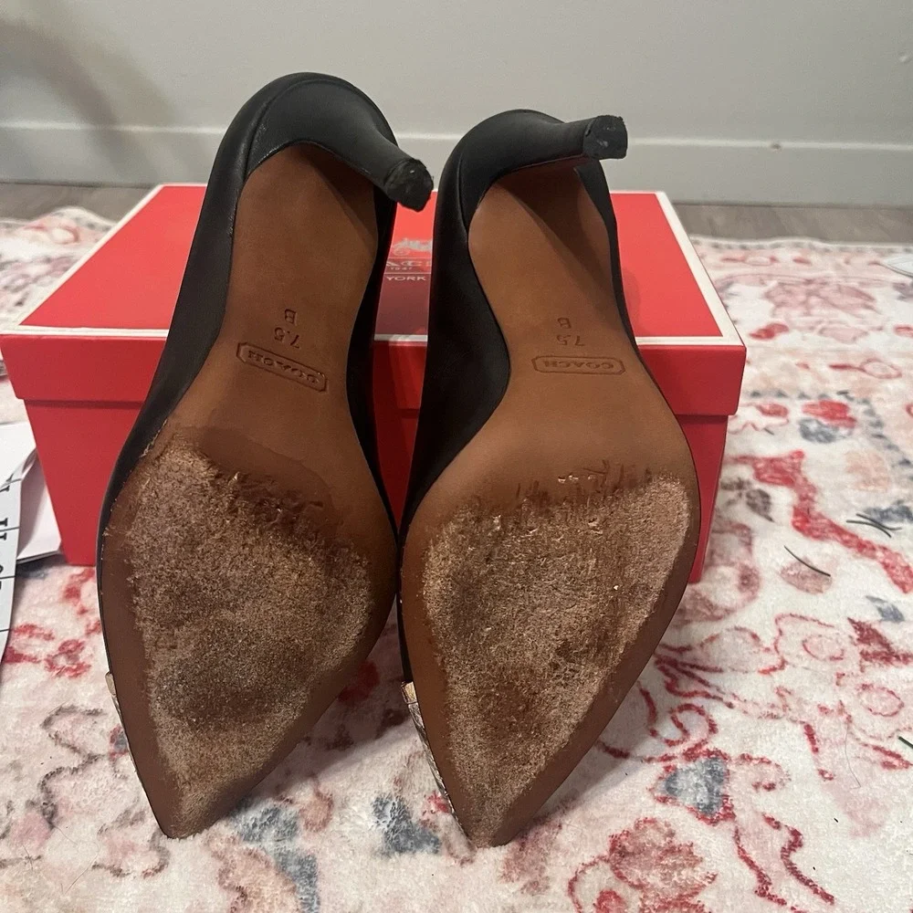 Coach Shoes Size 7.5B Black Heel with Snake Skin Pointed Toe and Gold Band Box